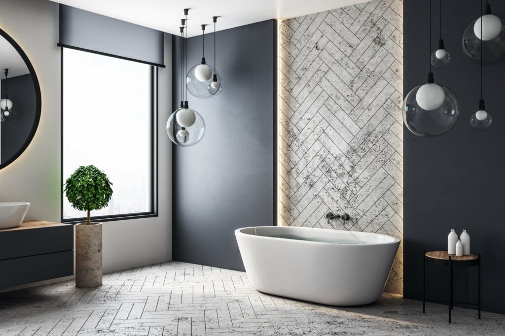 Modern bathroom design with black tone and a stylish bath