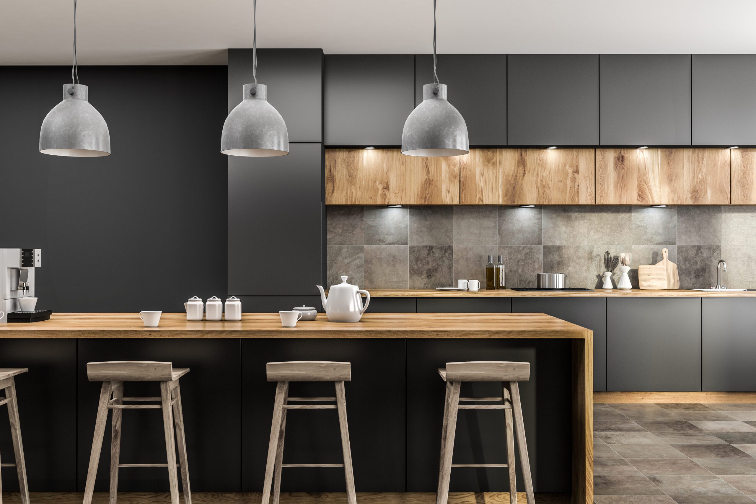 Modern kitchen interior with gray walls, tiled floor, gray countertops and wooden bar with stools. 3d rendering